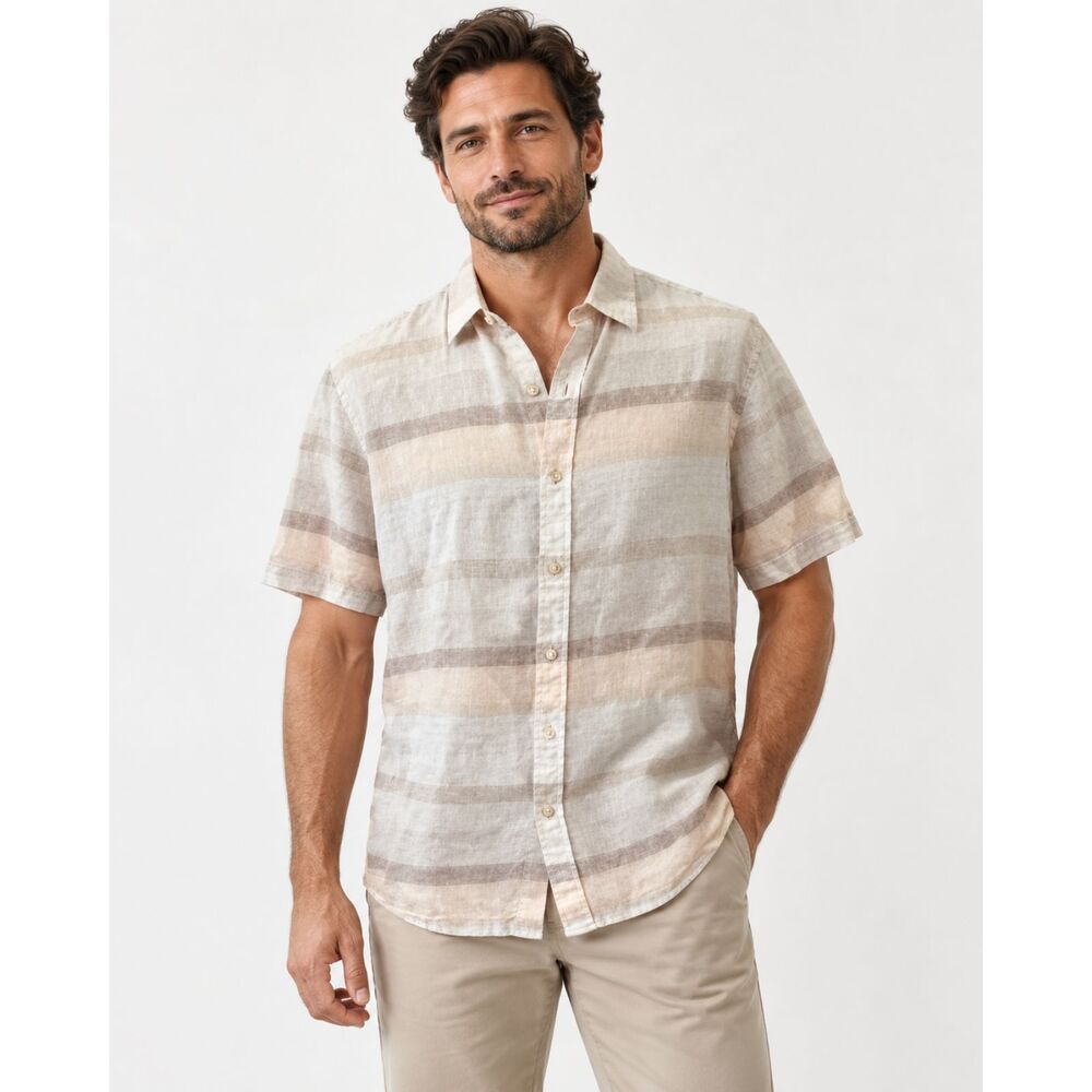 Tasso Elba Island Striped Men's Casual Linen Shirt Short Sleeves XL Neutral